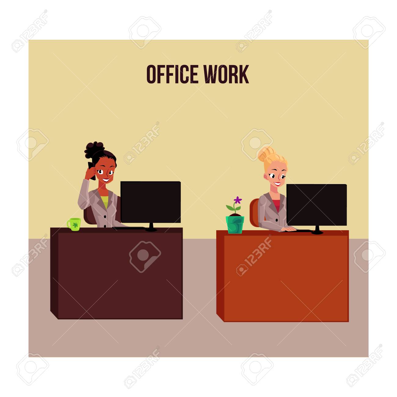 Office life poster, banner with white and black businesswomen working